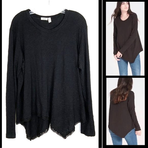 Wilt Tops - Wilt Black Cotton Long  Sleeve Asymmetric Lace Hem Tee Top Size M